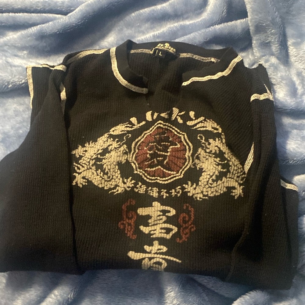Lucky Brand Vintage Asian 90s Y2K Embroidered Thermal Waffle Knit Top Large
